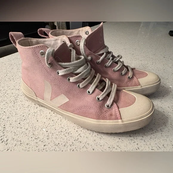 Veja Pink High-Top Canvas Sneakers with Cream Accents - Picture 9 of 11